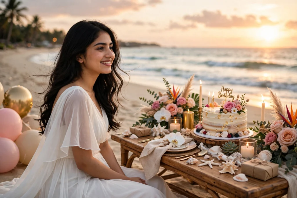 Chatgpt birthday prompts for girls Beach Sunset Birthday Celebration Ai Prompt