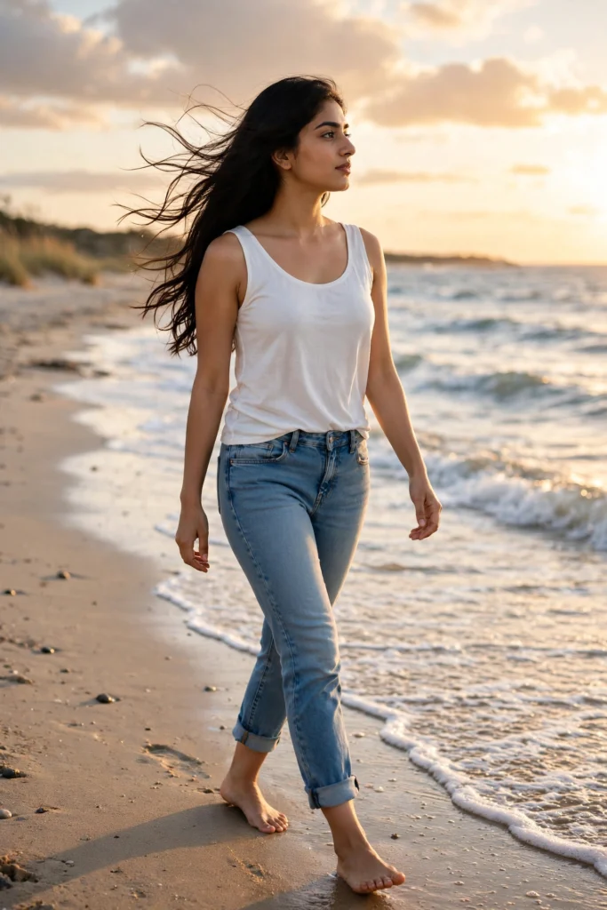 Jeans Top Prompt for Girl Beach Vacation Look ai prompts