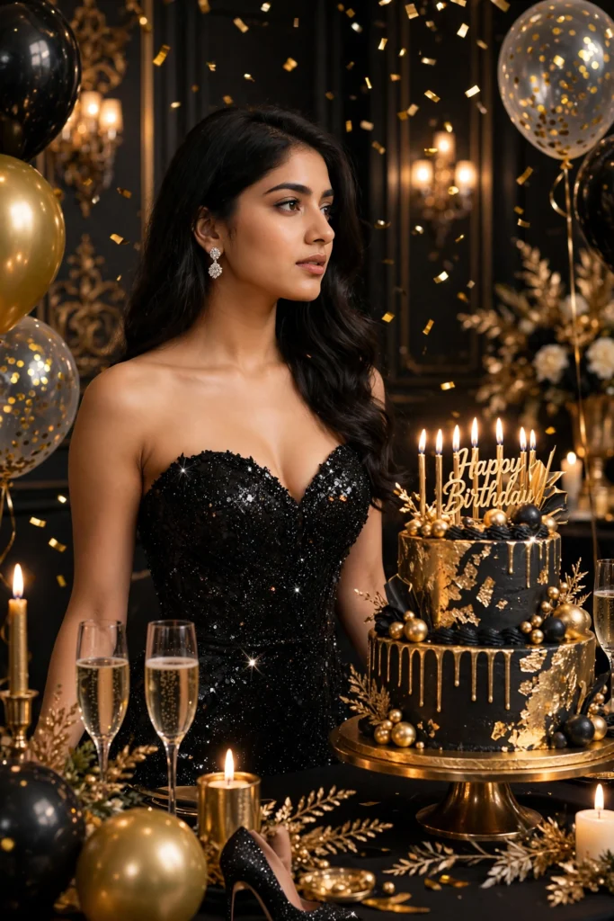 Chatgpt birthday prompts for girls Black & Gold Luxury Birthday Theme ai prompt