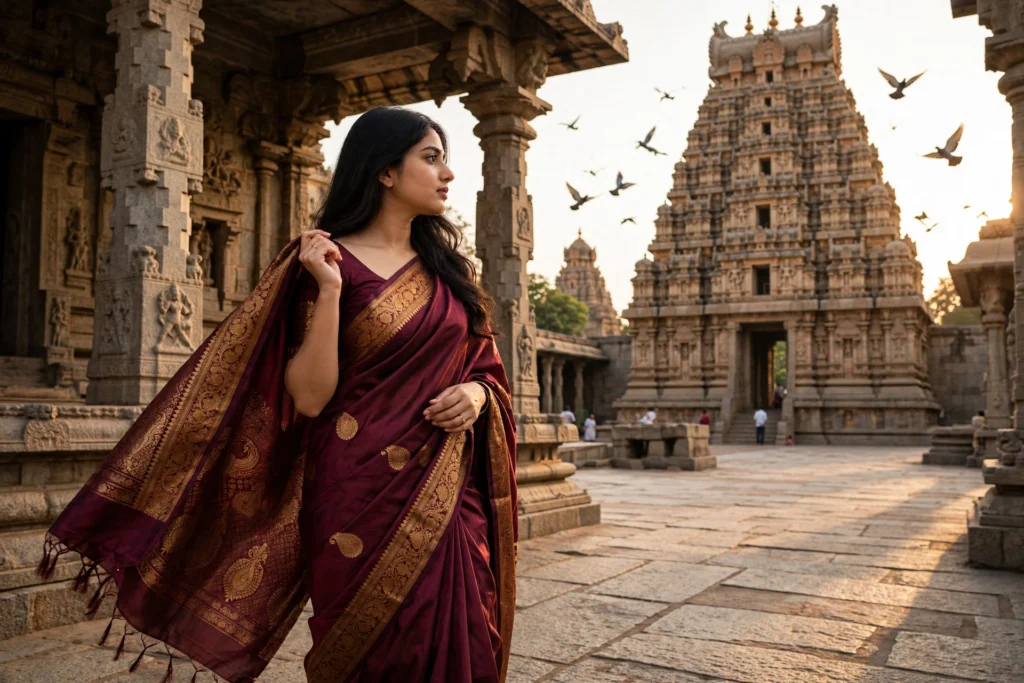 Temple Prompt for Girl Brihadeeswarar Temple – Walking Through the Courtyard
