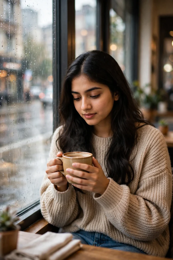 Rain Prompt for Girls Instagram Coffee & Rain Mood ai prompt