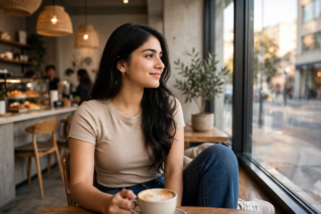 Jeans Top Prompt for Girl Coffee Shop Aesthetic Ai prompt