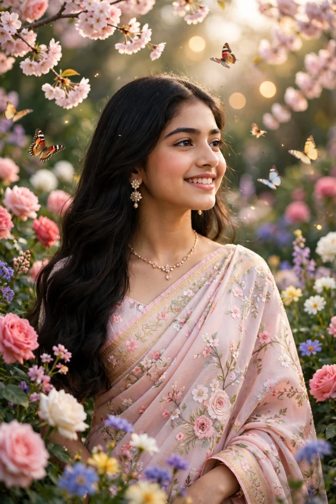 Rain Prompt for Girls Instagram Floral Garden Saree Photoshoot ai prompt