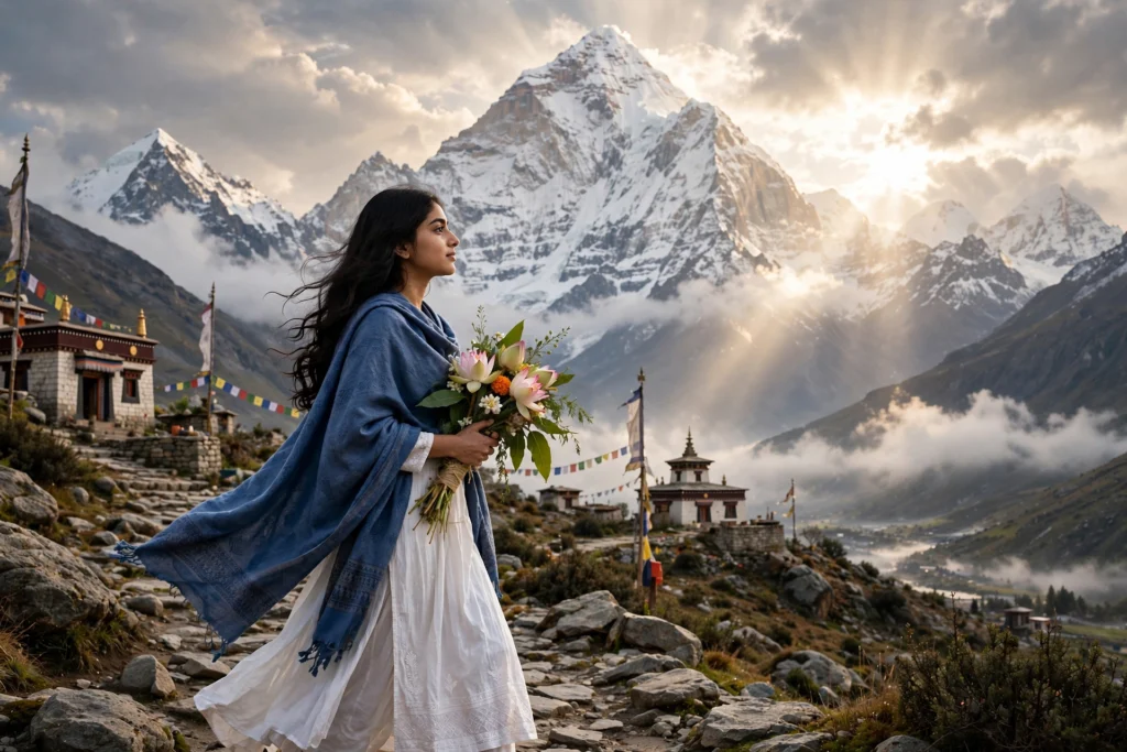 Lord Shiva Prompt for Girl Girl Walking Towards Mount Kailash ai prompt