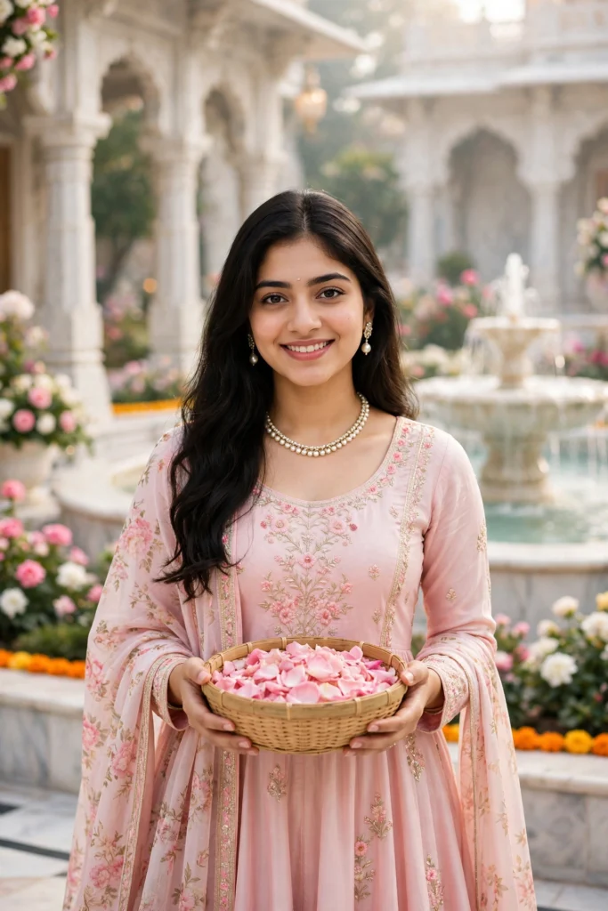 Temple Prompt for Girl ISKCON Vrindavan – Flower Basket Portrait