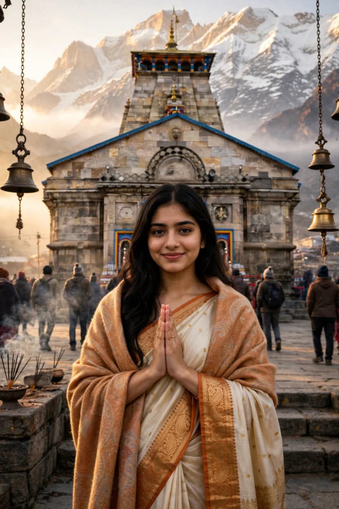 Temple Prompt for Girl Kedarnath Temple – Golden Sunrise Namaste