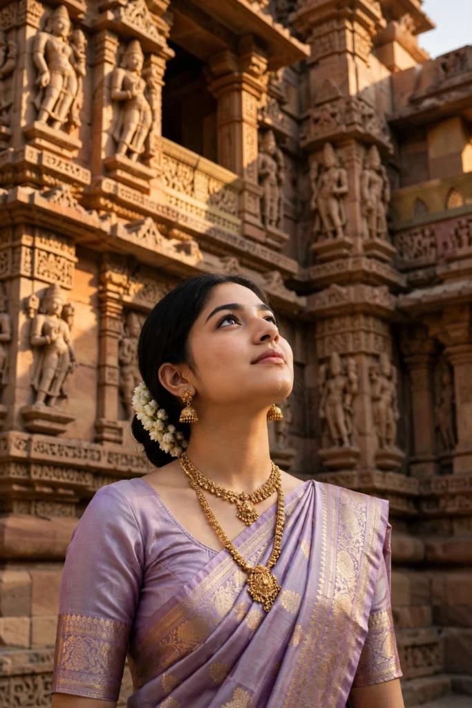 Temple Prompt for Girl Khajuraho Temple – Admiring Ancient Sculptures