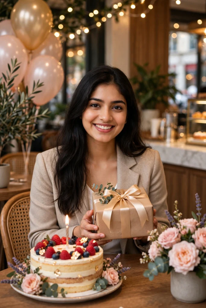 Chatgpt birthday prompts for girls Modern Café Birthday Photoshoot Ai Prompt