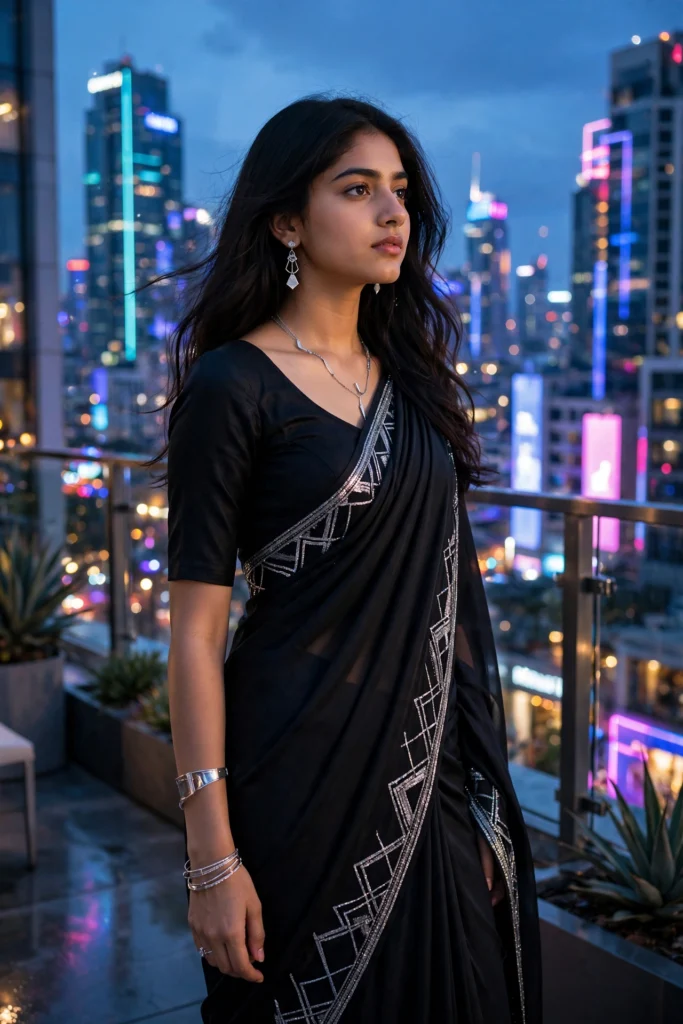 Rain Prompt for Girls Instagram Modern Saree City Fashion Shoot ai prompt
