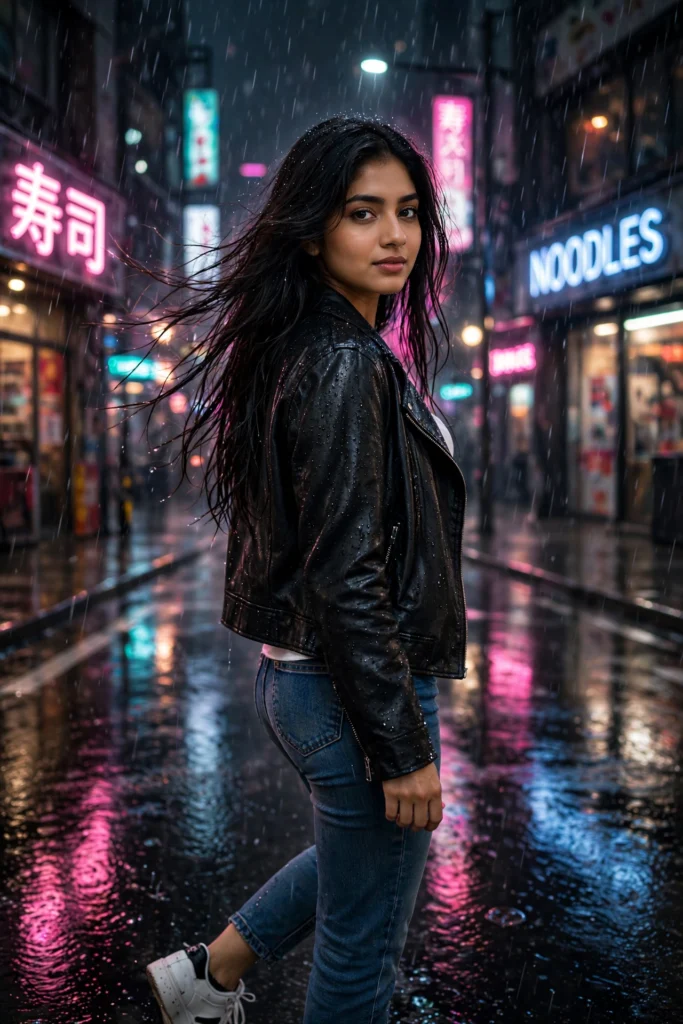 Rain Prompt for Girls Instagram Rainy Night Neon Portrait ai prompt