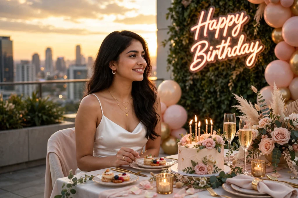 Chatgpt birthday prompts for girls Rooftop Golden Hour Birthday Party ai prompt