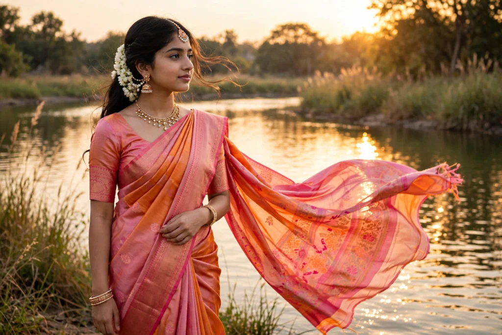 Rain Prompt for Girls Instagram Sunset Riverside Saree Look ai prompt