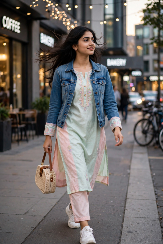 Prompt for Gemini AI Girl Style Modern Denim Jacket with Kurti Style ai prompt