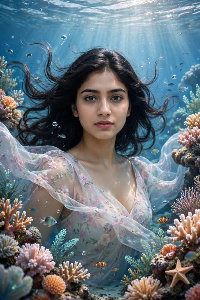 Swimming Pool Photoshoot Prompts for Gemini Girl Underwater Floral Dress ai prompt