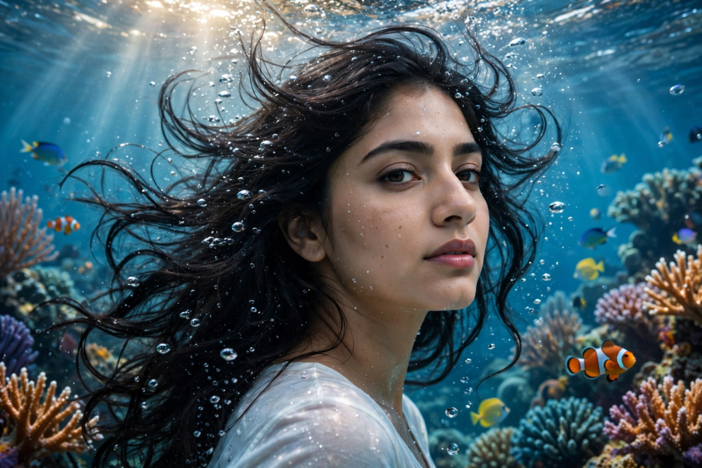 Swimming Pool Photoshoot Prompts for Gemini Girl Underwater Bubble Portrait ai prompt