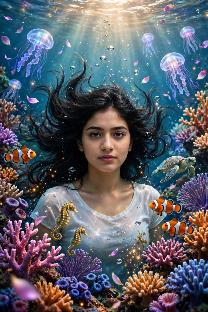 Swimming Pool Photoshoot Prompts for Gemini Girl Magical Coral Garden ai prompt