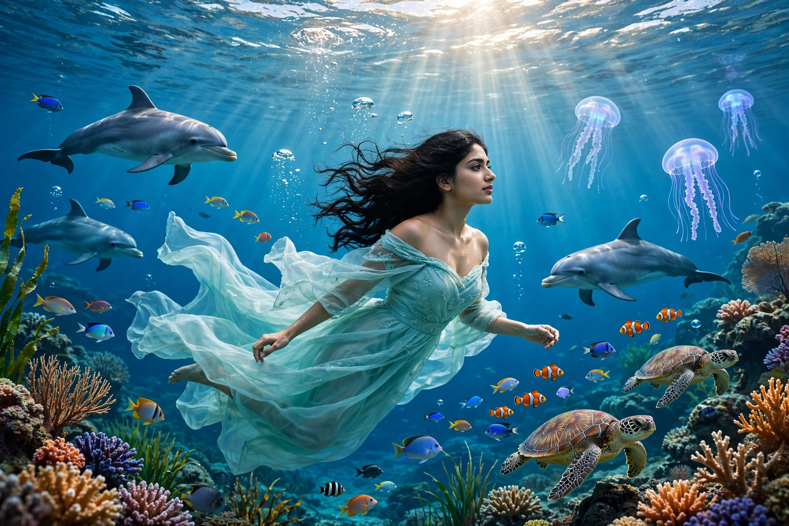 Swimming Pool Photoshoot Prompts for Gemini Girl Crystal Blue Ocean Dream ai prompt