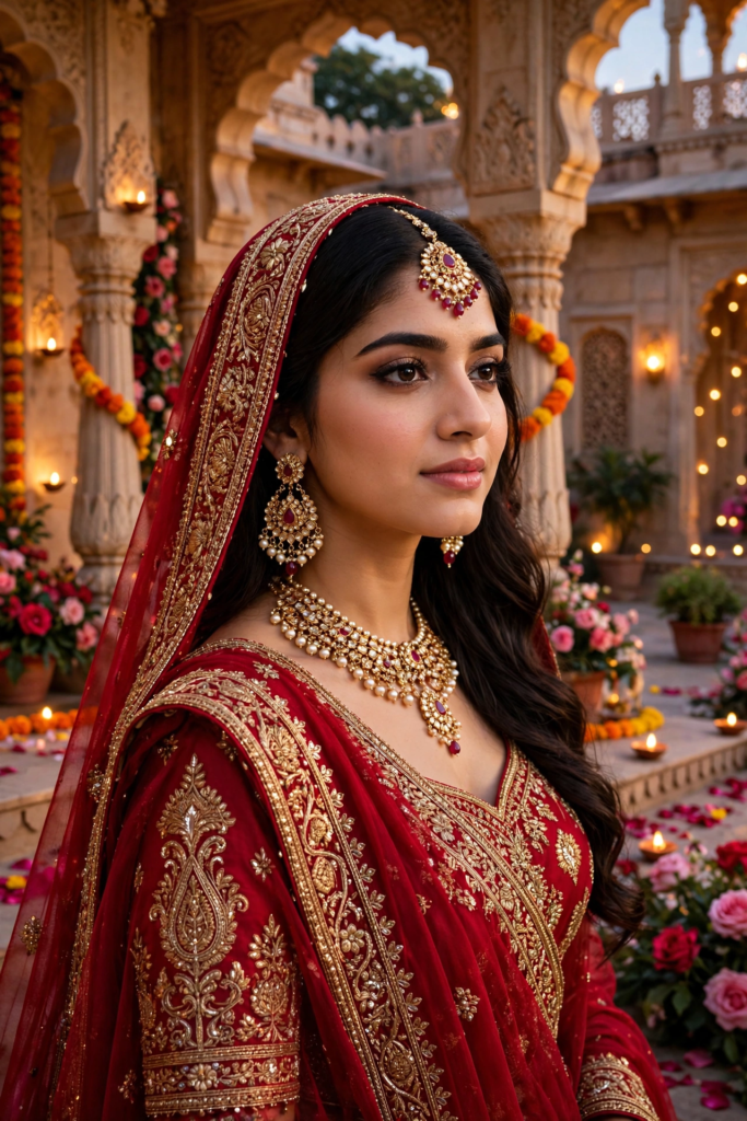 Prompt for Gemini AI Girl Style Royal Red Bridal Lehenga Look ai prompt