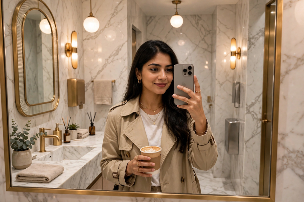 Swimming Pool Photoshoot Prompts for Gemini Girl Café Washroom Mirror Selfie ai prompt
