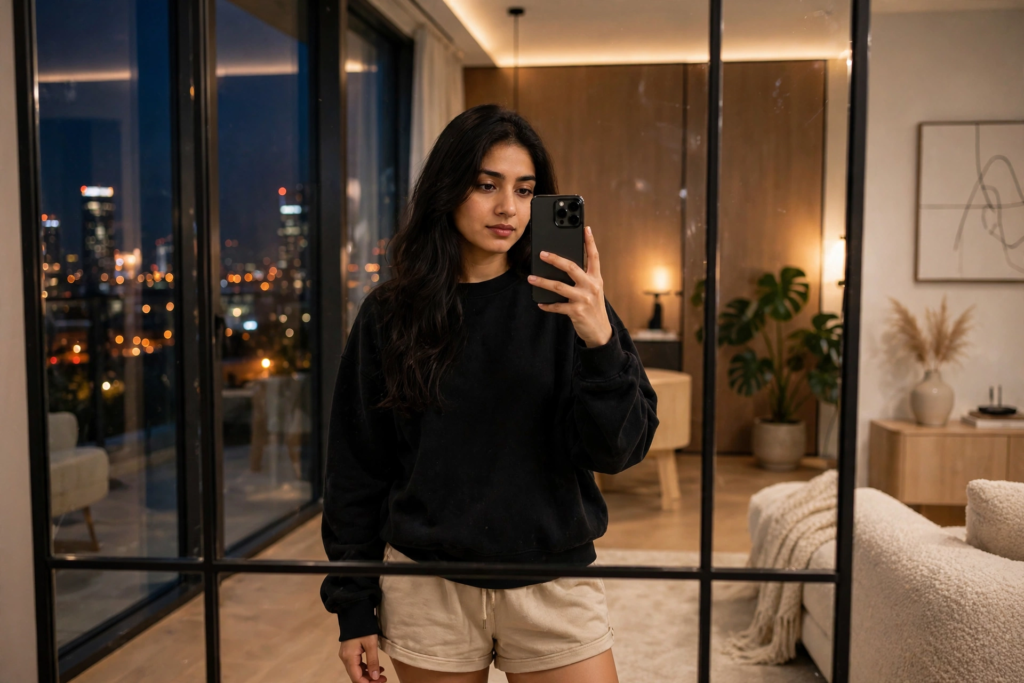 Swimming Pool Photoshoot Prompts for Gemini Girl Evening Apartment Mirror Selfie ai prompt
