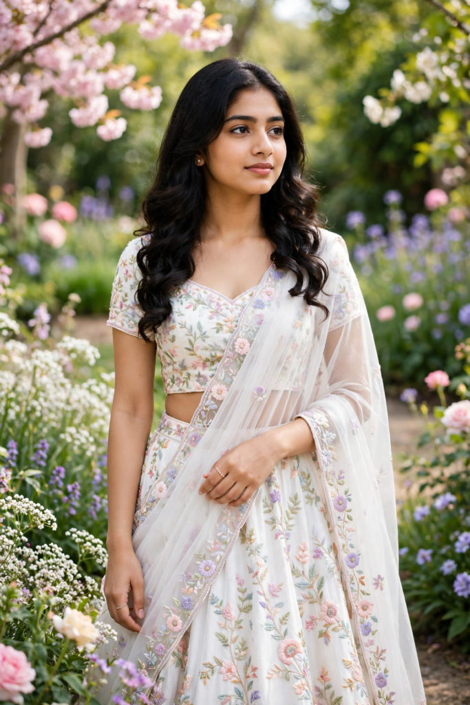 Prompt for Gemini AI Girl Style Pastel Pink Designer Lehenga Look ai prompt