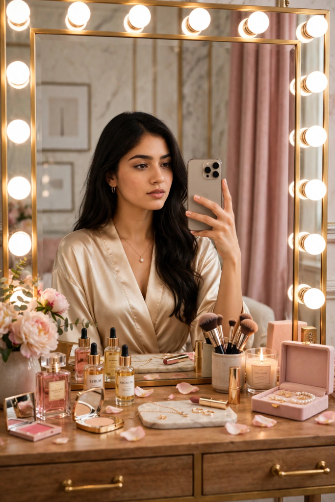 Swimming Pool Photoshoot Prompts for Gemini Girl Glam Makeup Mirror Selfie ai prompt