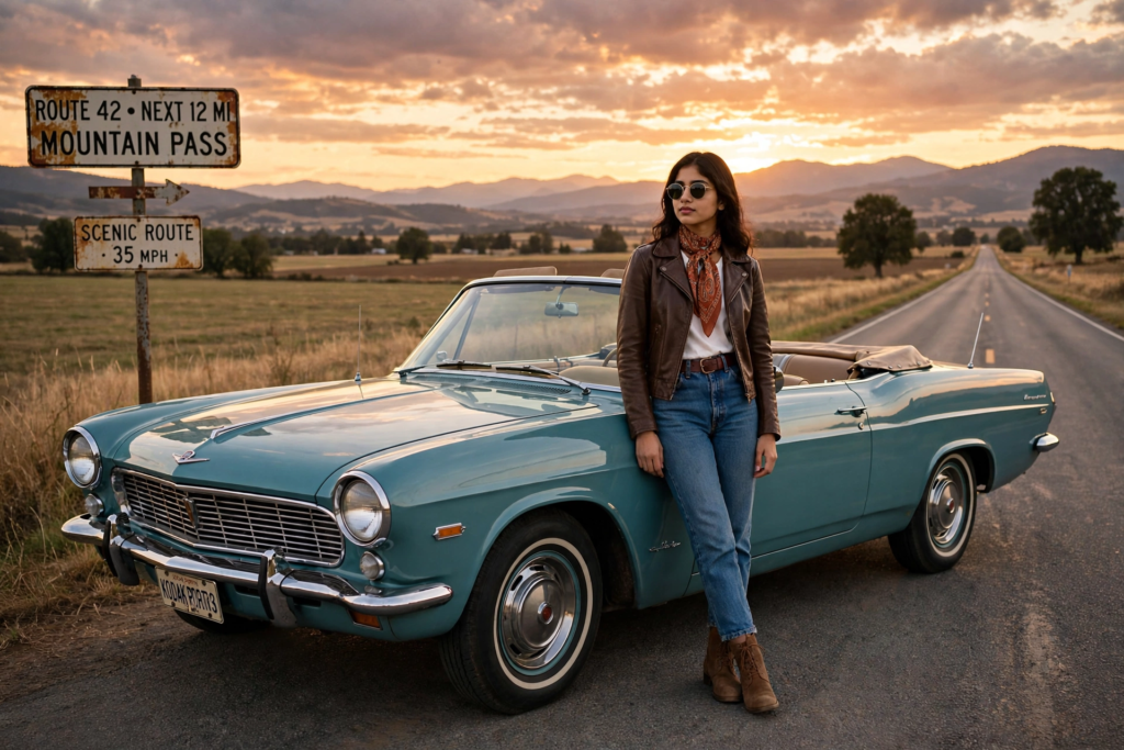 Swimming Pool Photoshoot Prompts for Gemini Girl Classic Retro Road Trip ai prompt