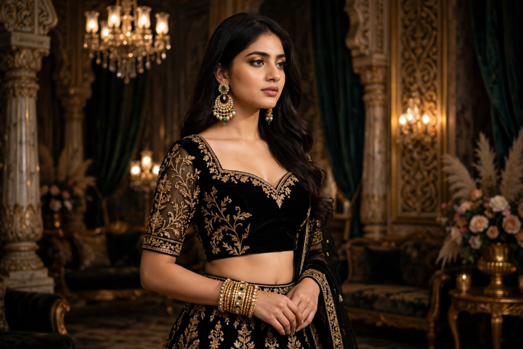 Prompt for Gemini AI Girl Style Black Royal Lehenga Fashion Look ai prompt