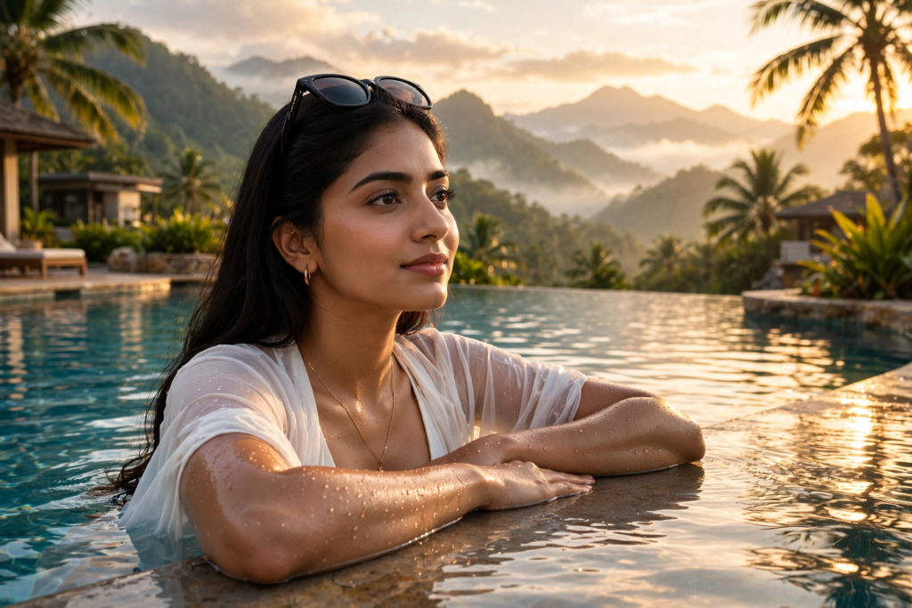Swimming Pool Photoshoot Prompts for Gemini Girl Luxury Infinity Pool Sunrise ai prompt