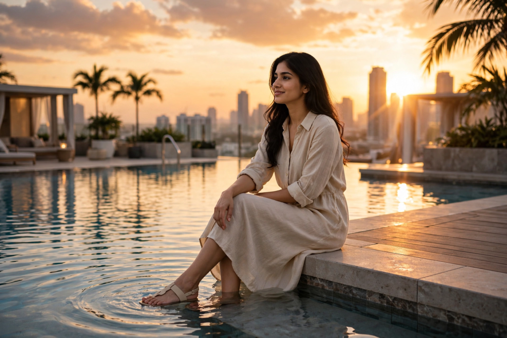 Swimming Pool Photoshoot Prompts for Gemini Girl Sunset Pool Glow ai prompt