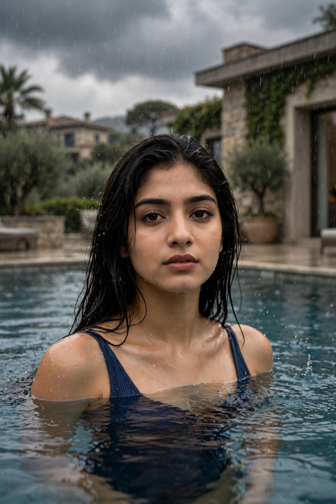 Swimming Pool Photoshoot Prompts for Gemini Girl Rainy Pool Aesthetic ai prompt