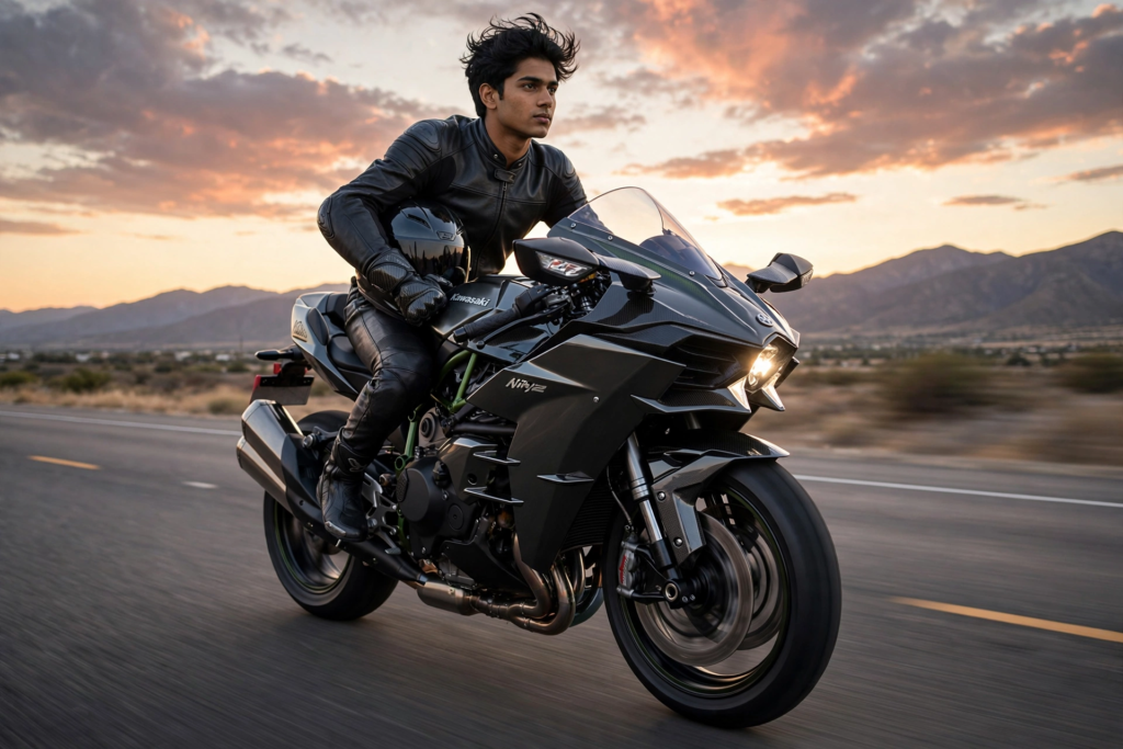 Gemini Bike Prompt for Girls Superbike Highway Rider - Kawasaki Ninja H2 ai prompt
