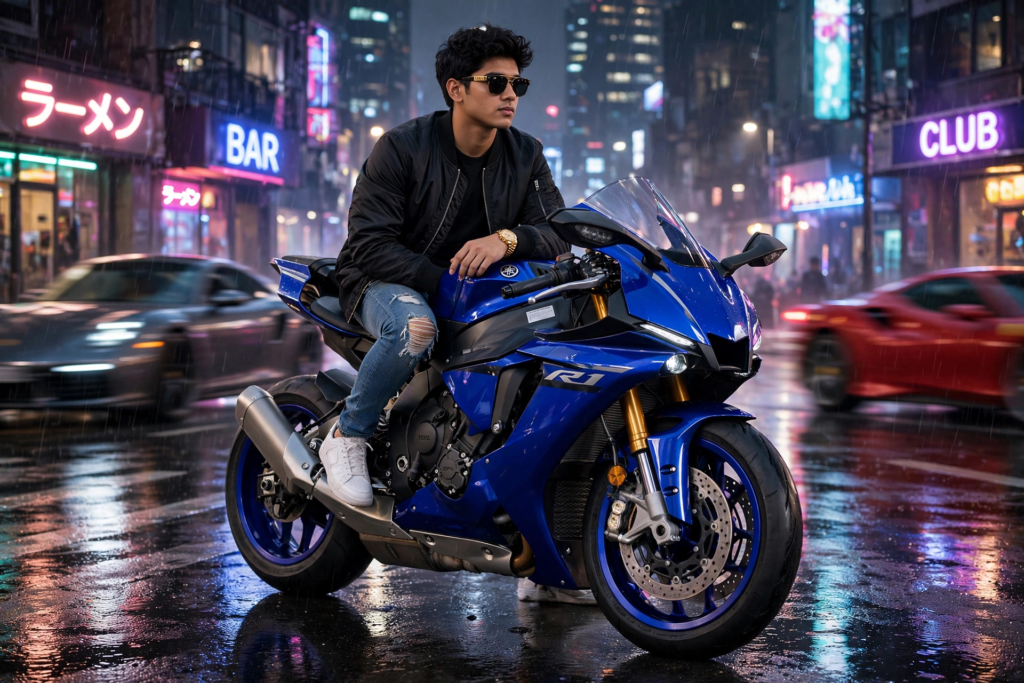 Gemini Bike Prompt for Girls Yamaha R1 Night City ai prompt