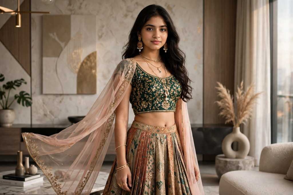 Prompt for Gemini AI Girl Style Modern Fusion Lehenga Look ai prompt