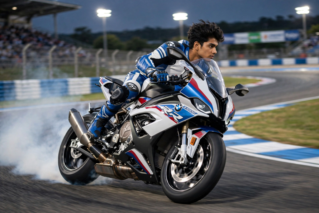 Gemini Bike Prompt for Girls BMW S1000RR Racing Track ai prompt