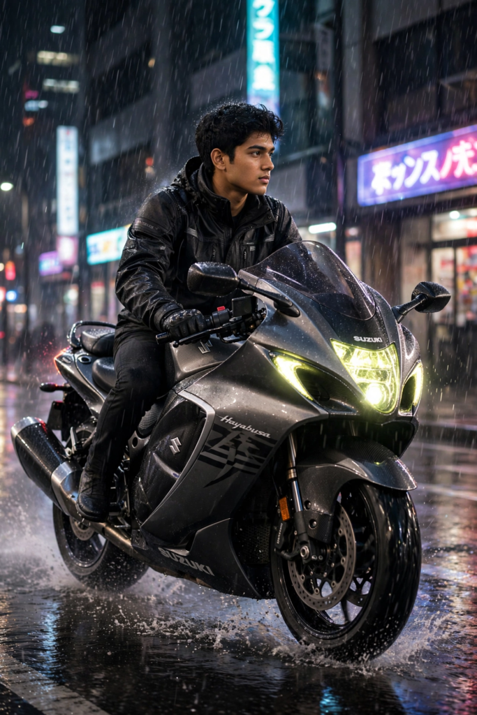 Gemini Bike Prompt for Girls Rain Ride Cinematic - Hayabusa ai prompt