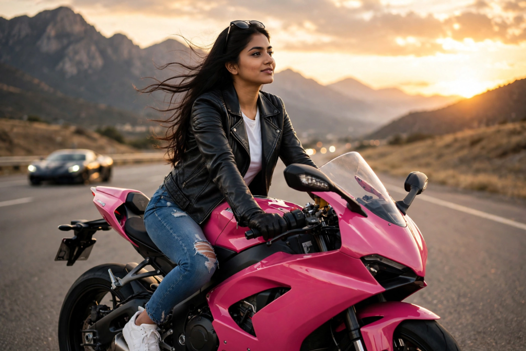 Gemini Bike Prompt for Girls Pink Superbike Queen ai prompt