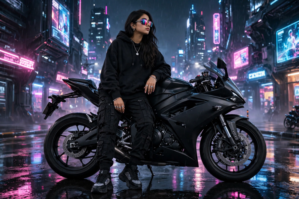 Gemini Bike Prompt for Girls Neon Night Bike Ride ai prompt