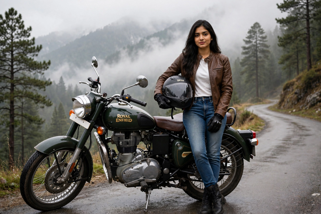 Gemini Bike Prompt for Girls Royal Enfield Mountain Adventure ai prompt