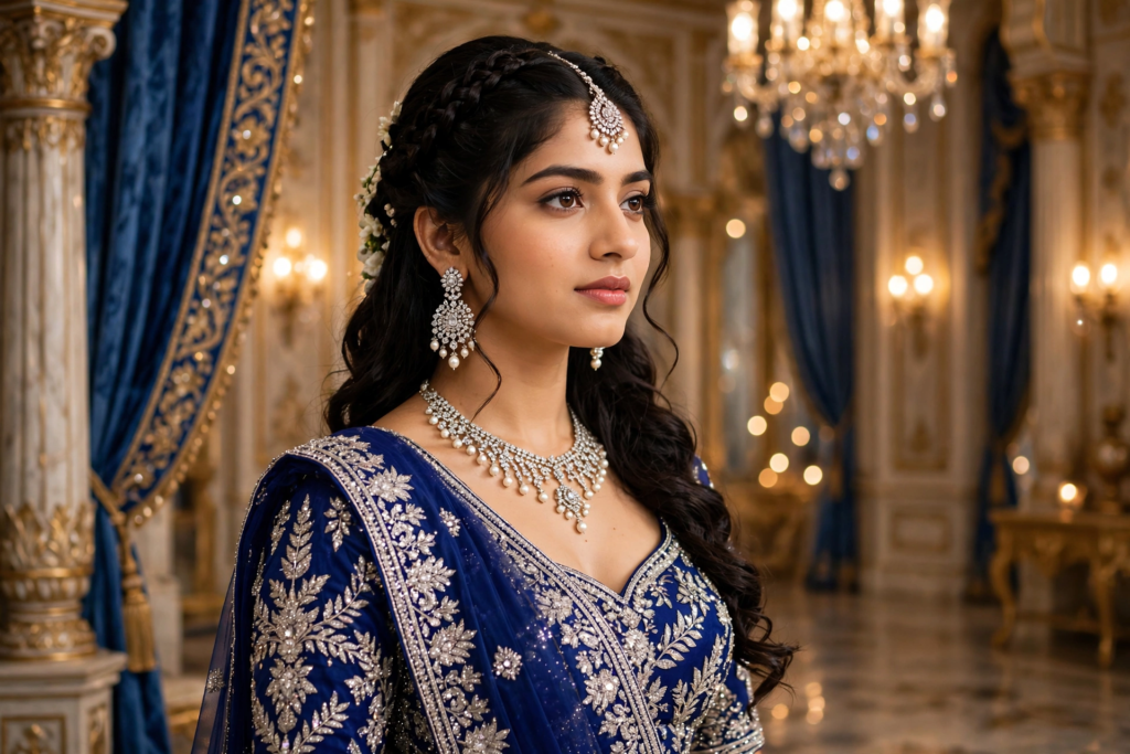 Prompt for Gemini AI Girl Style Blue Royal Lehenga Princess Look ai prompt