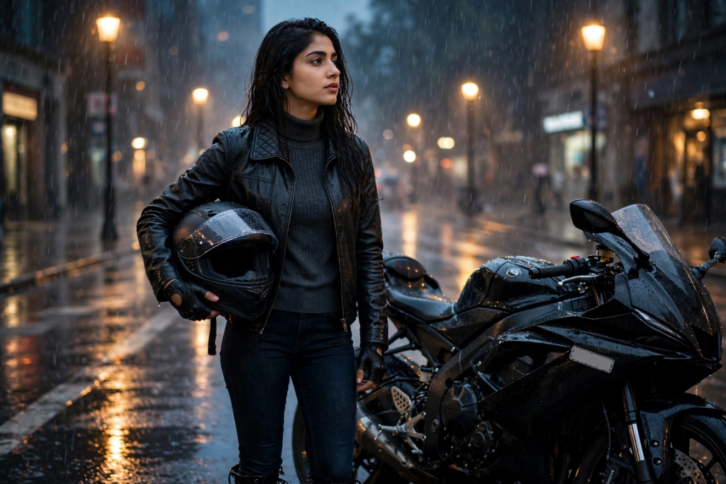 Gemini Bike Prompt for Girls Rainy Street Biker Girl ai prompt