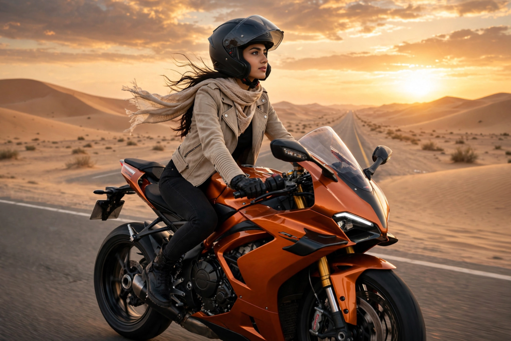 Gemini Bike Prompt for Girls Desert Highway Rider ai prompt