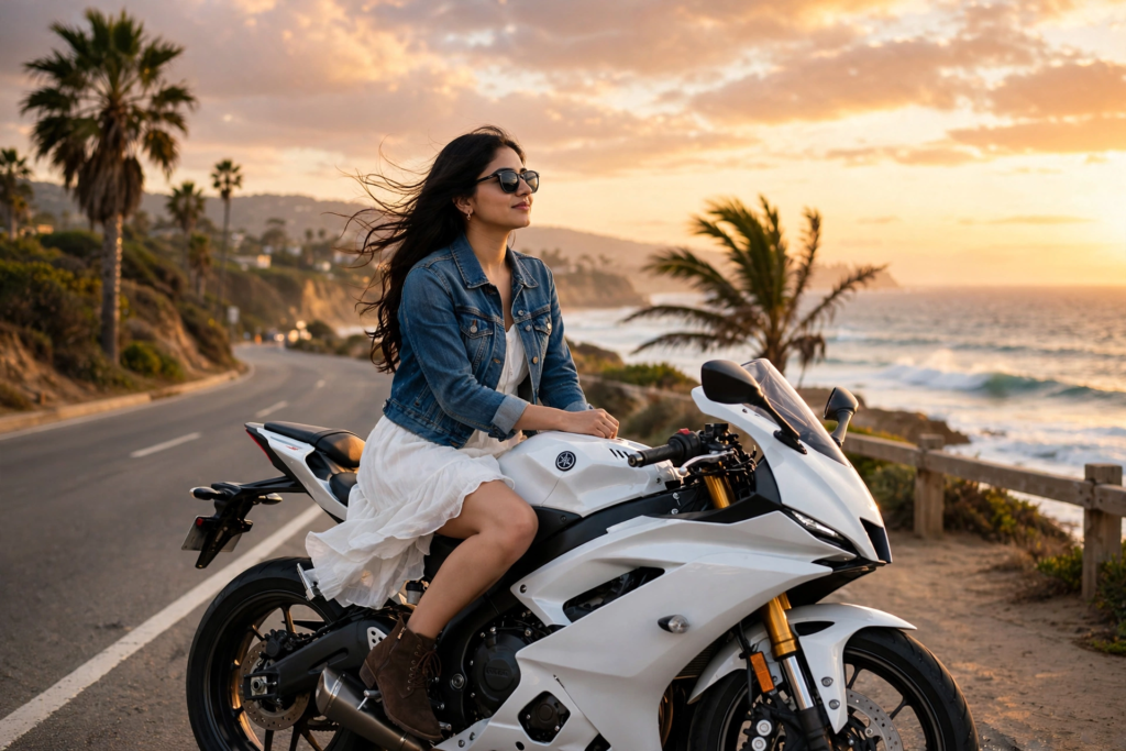 Gemini Bike Prompt for Girls Beach Sunset Bike Photoshoot ai prompt
