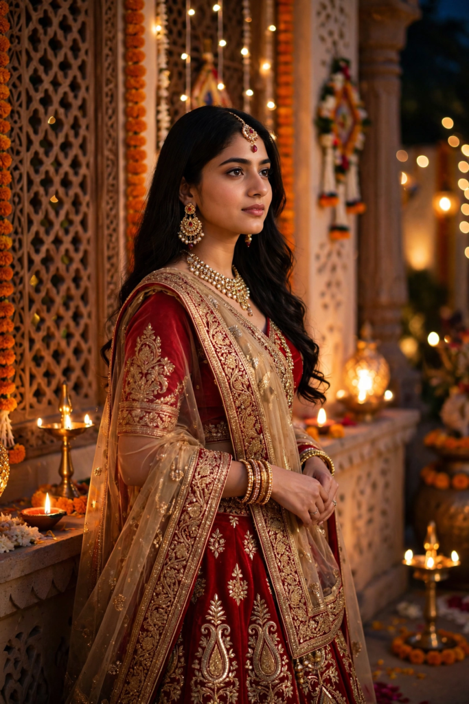 Prompt for Gemini AI Girl Style Red and Gold Festive Lehenga Look ai prompt