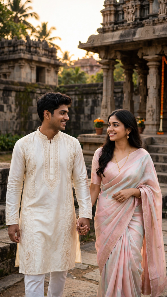 Couple Kissing Prompts for Gemini AI Golden Hour Temple Visit ai prompt