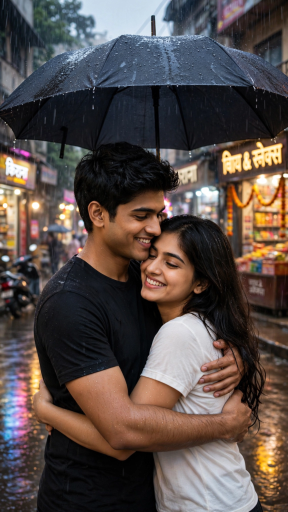 Couple Kissing Prompts for Gemini AI Rainy Street Love Hug ai prompt