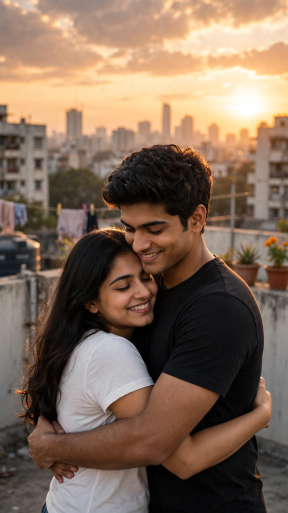 Couple Kissing Prompts for Gemini AI Rooftop Sunset Hug ai prompt