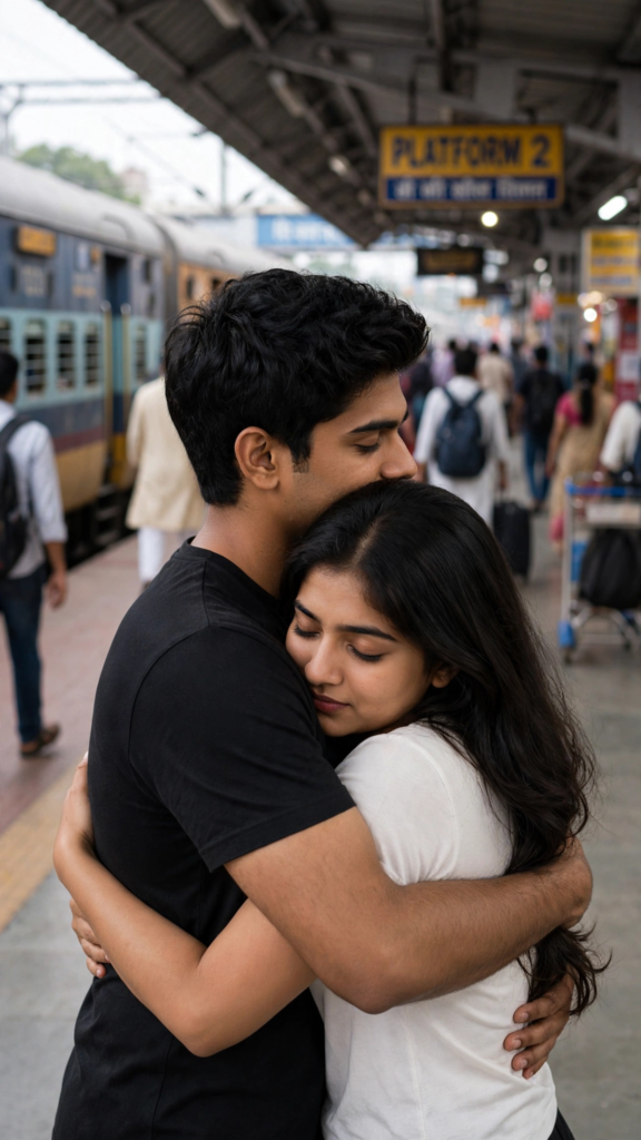 Couple Kissing Prompts for Gemini AI Railway Station Farewell Hug ai prompt