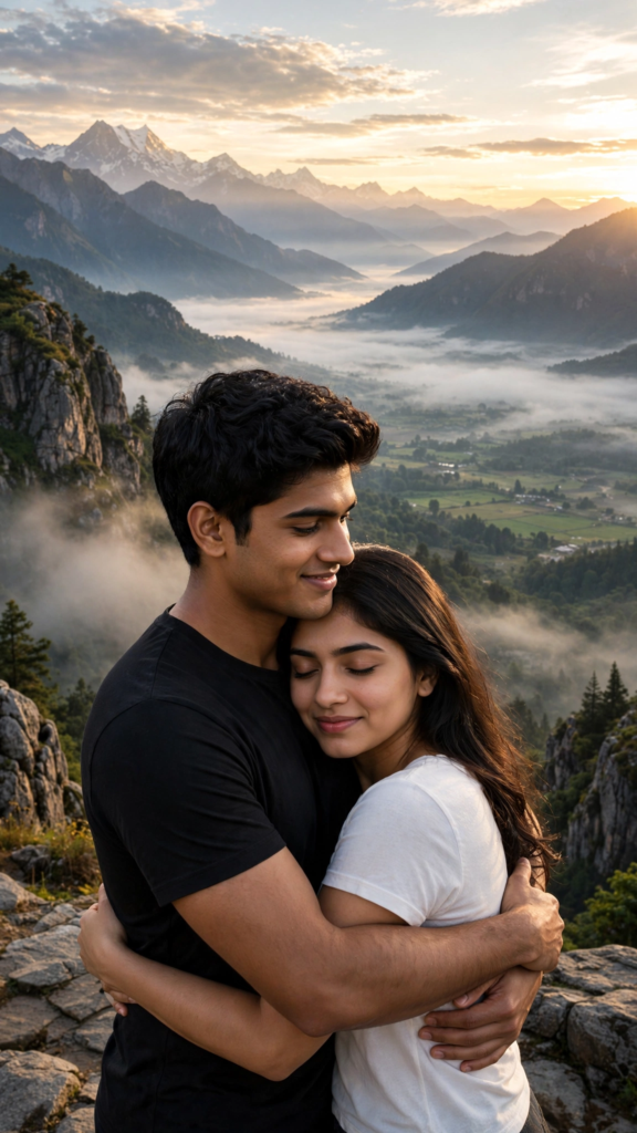 Couple Kissing Prompts for Gemini AI Mountain View Hug - Sunrise ai prompt