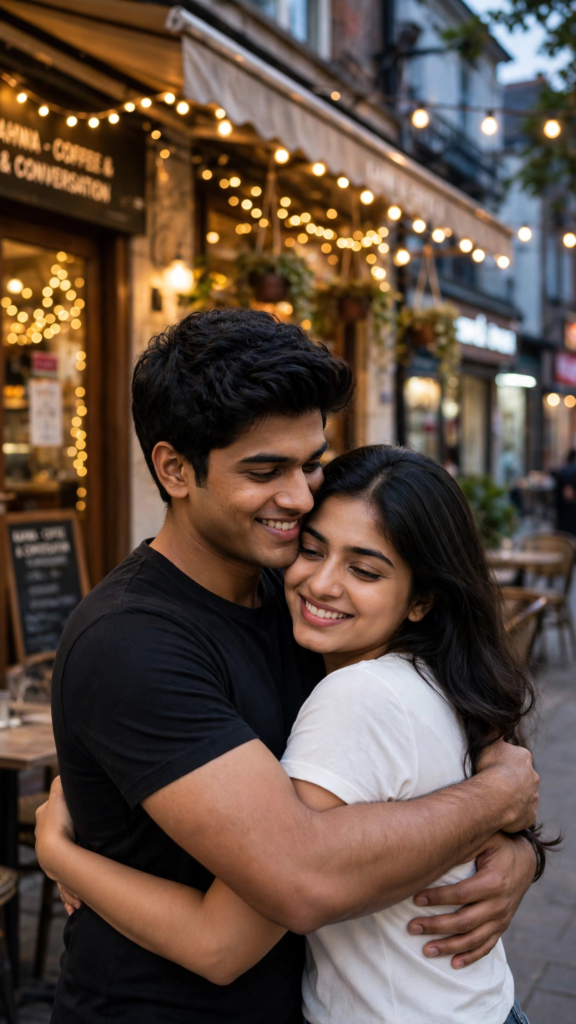Couple Kissing Prompts for Gemini AI Cozy Café Hug - Fairy Lights ai prompt